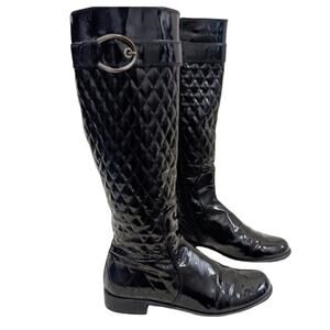Stuart Weitzman Riding Boots Patent Leather Sz 7M BLACK QUILTED DIAMOND Luxury